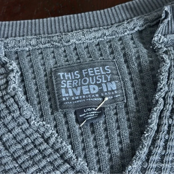 American Eagle LARGE Oversized Slouchy Gray Blue Waffle Knit Top Style 2198 - Picture 6 of 9